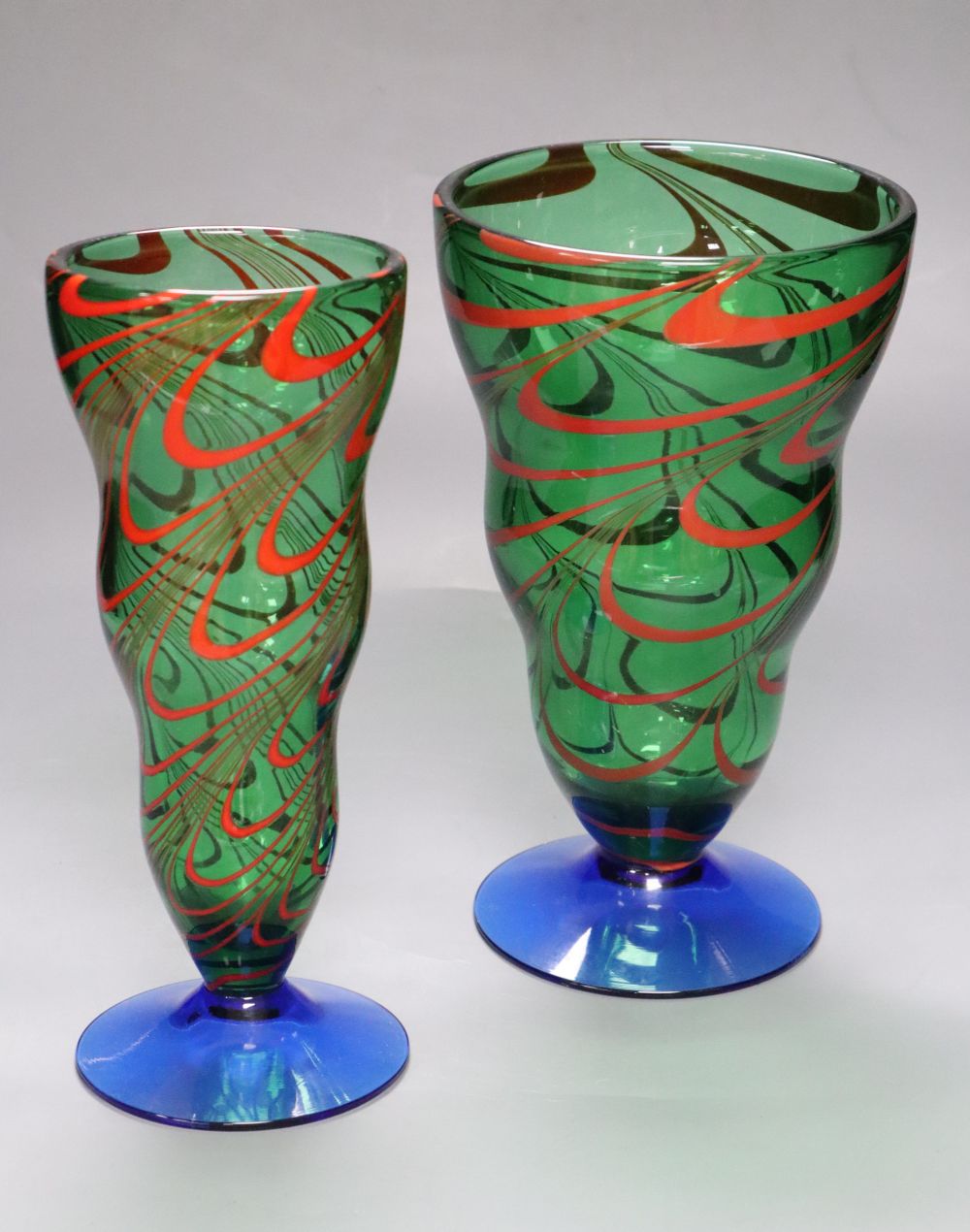 Two Orrefors coloured glass vases, height 25cm